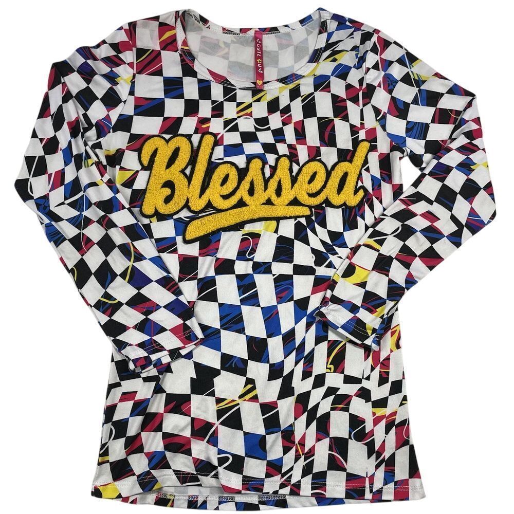 Girls Blessed Puff Letters Raised Graphic Checker Pattern Girly Faith‎ Shirt L